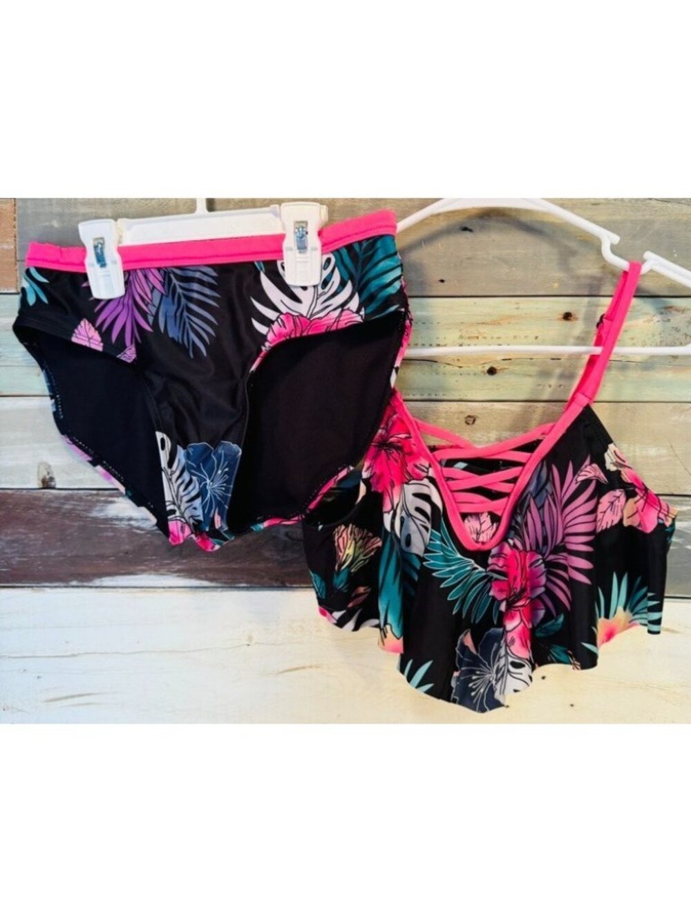 Girl's Justice 2 Pc Graphic Floral Tropical Bikini Swimsuit Black XL 16/18